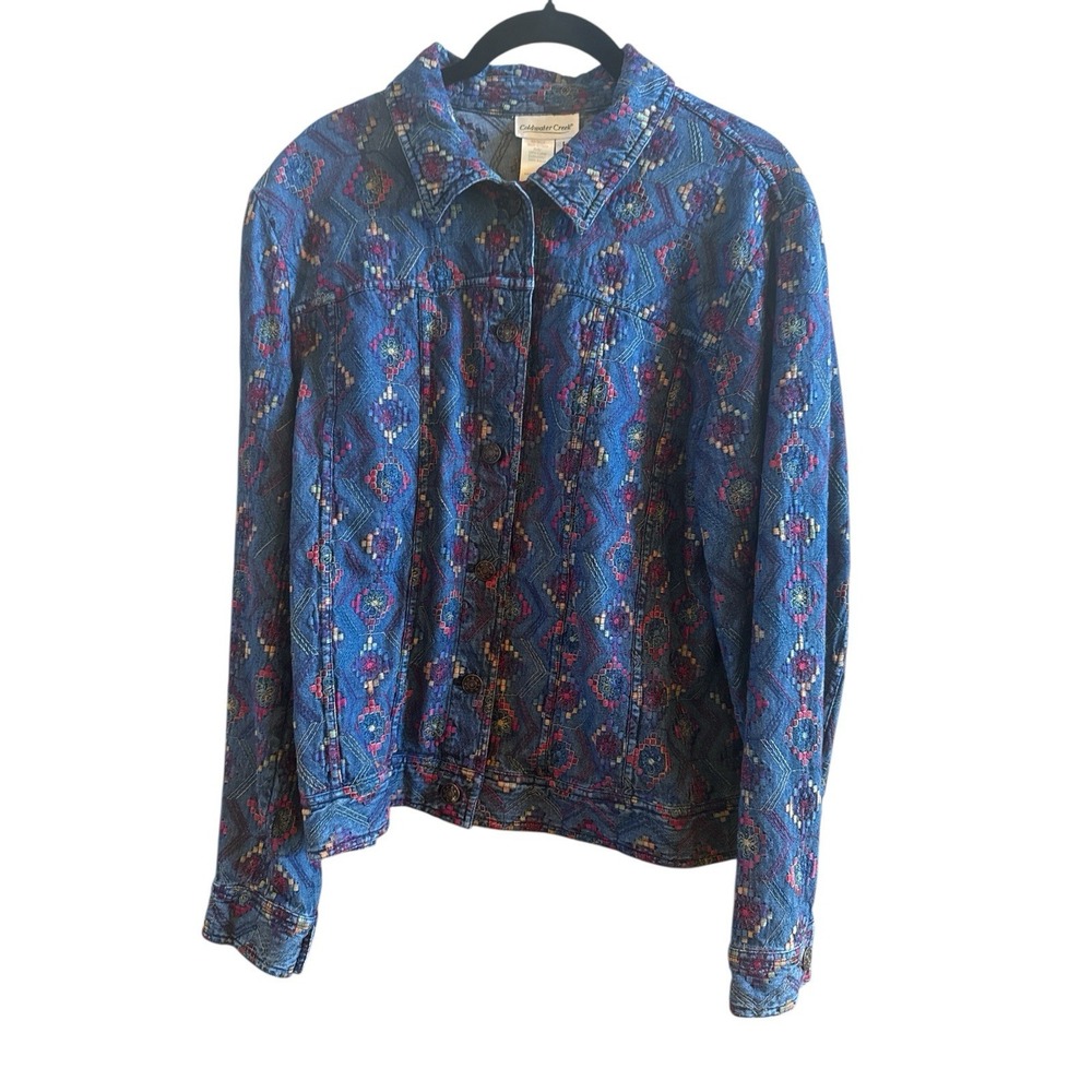 Coldwater Creek Boho Embroidered Denim Jacket Woman's Size‎ Large Button Up